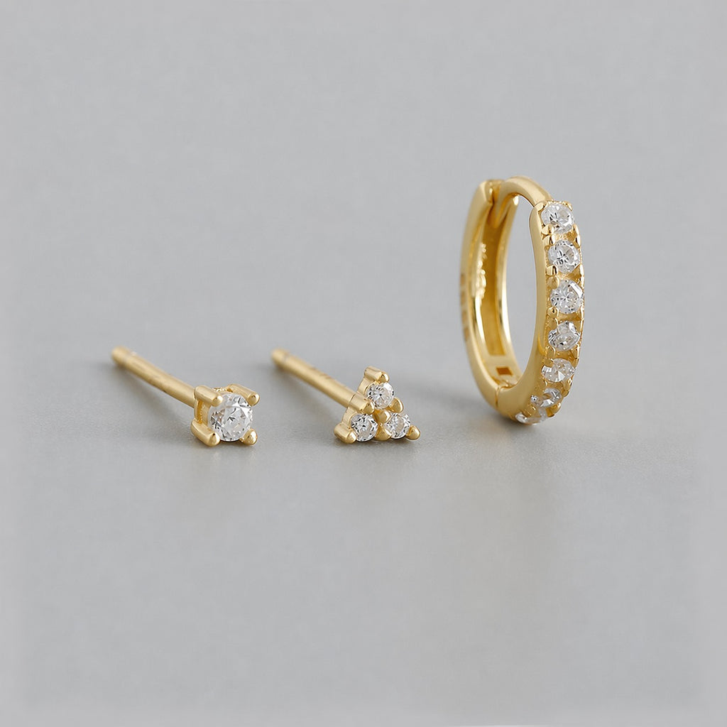 Geometric Cubic Zirconia Mini Hoop And Stud Earrings Set  925 Sterling Silver Earrings