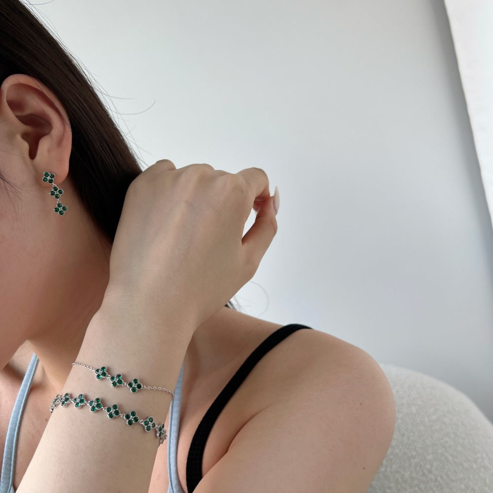 Girl Beautiful White Blue CZ Four Leaf Clover 925 Sterling Silver Bracelet Dangling Earrings