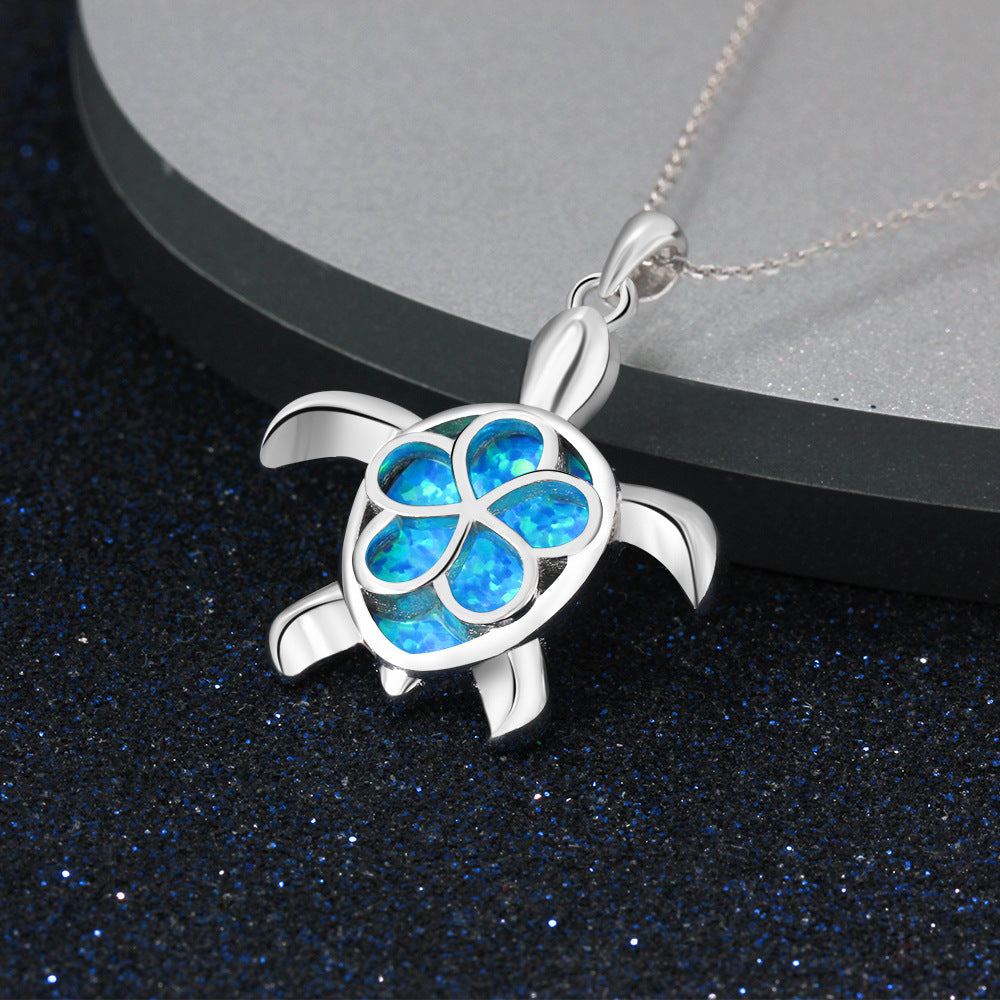 Blue-Green Opal Sea Turtle Pendant Necklace  925 Sterling Silver Animal Necklace
