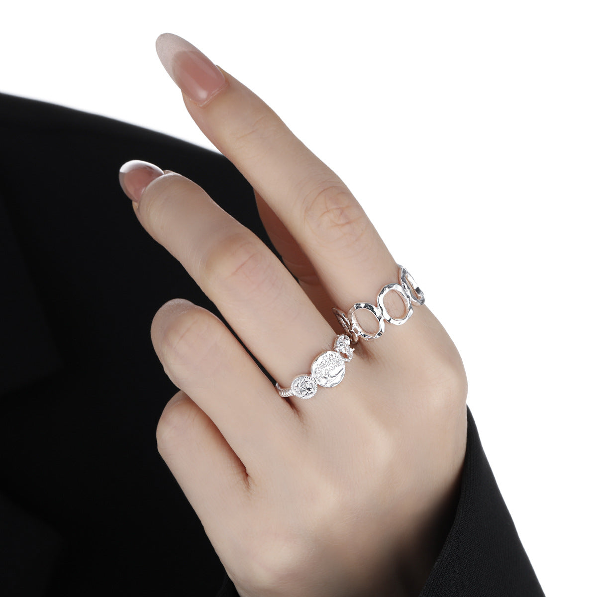 Modern Fashion Jewelry Geometric Round Hollow 925 Sterling Silver Adjustable Ring