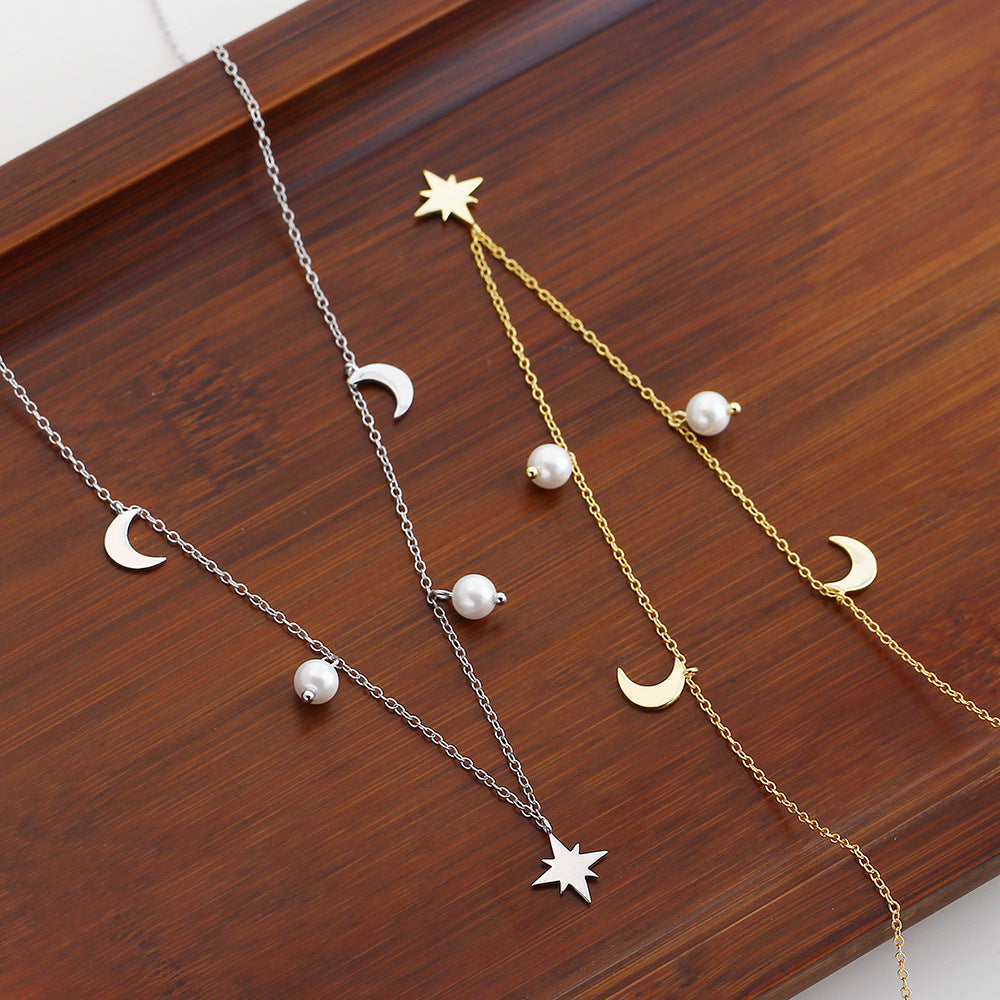 Pearl Moon Crescent Moon Star Anise 925 Sterling Silver O-shaped Necklace
