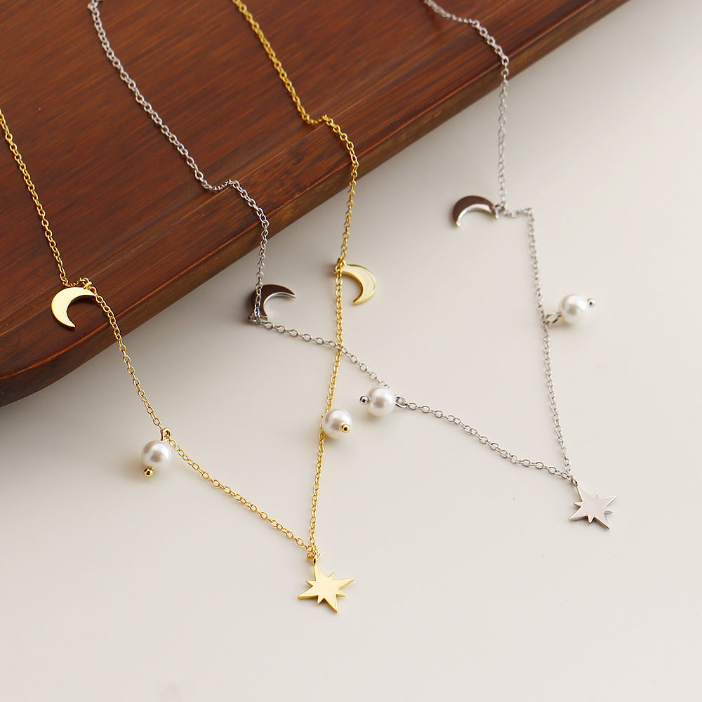 Pearl Moon Crescent Moon Star Anise 925 Sterling Silver O-shaped Necklace