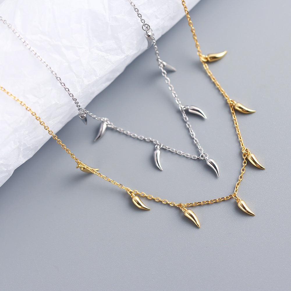 Women Layering Elegant Modern Chain Minimalist Fang Charm 925 Sterling Silver Collarbone Necklace