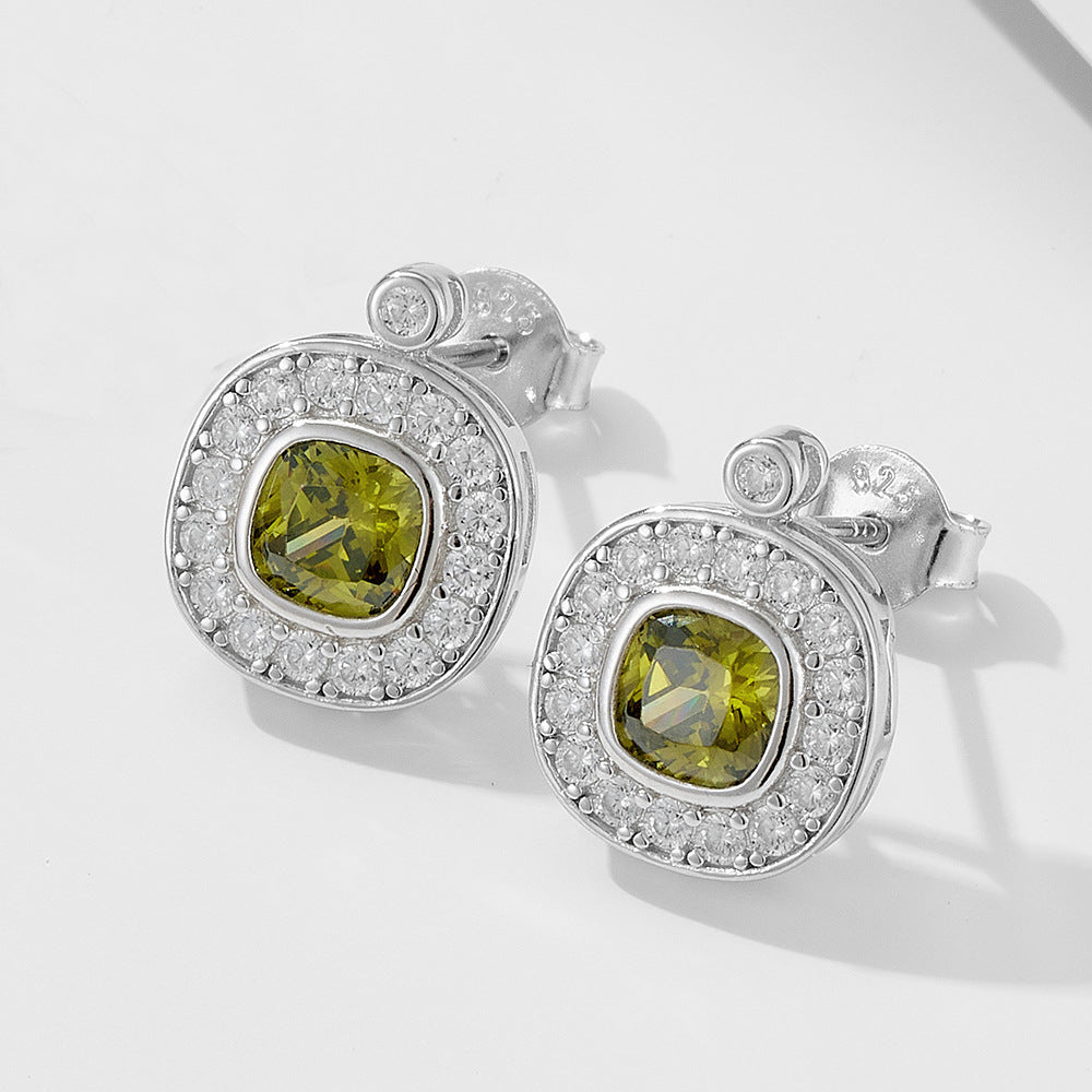Elegant Geometric Oval Design  925 Sterling Silver Olive Green Cubic Zirconia Stud Earrings