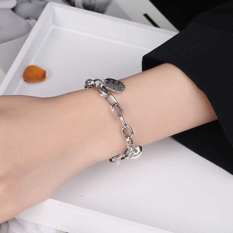 Heart Charm Link Chain Solid 925 Sterling Silver Vintage Bracelet