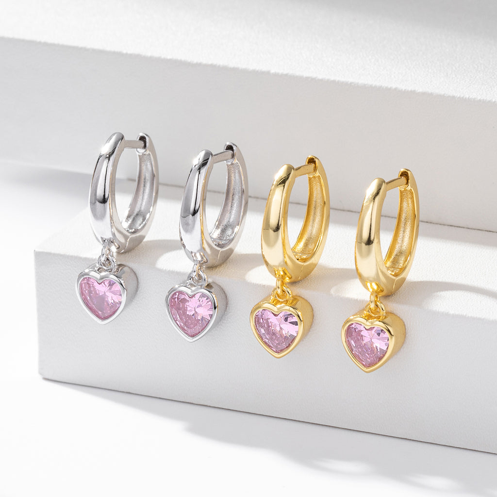 Minimalist 925 Sterling Silver with Gold Plating Heart Shape Pink Cubic Zirconia Dangle Hoop Earrings
