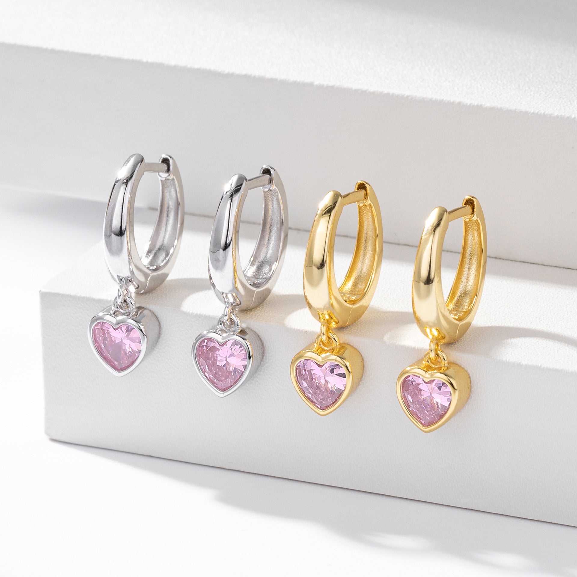 Minimalist 925 Sterling Silver with Gold Plating Heart Shape Pink Cubic Zirconia Dangle Hoop Earrings