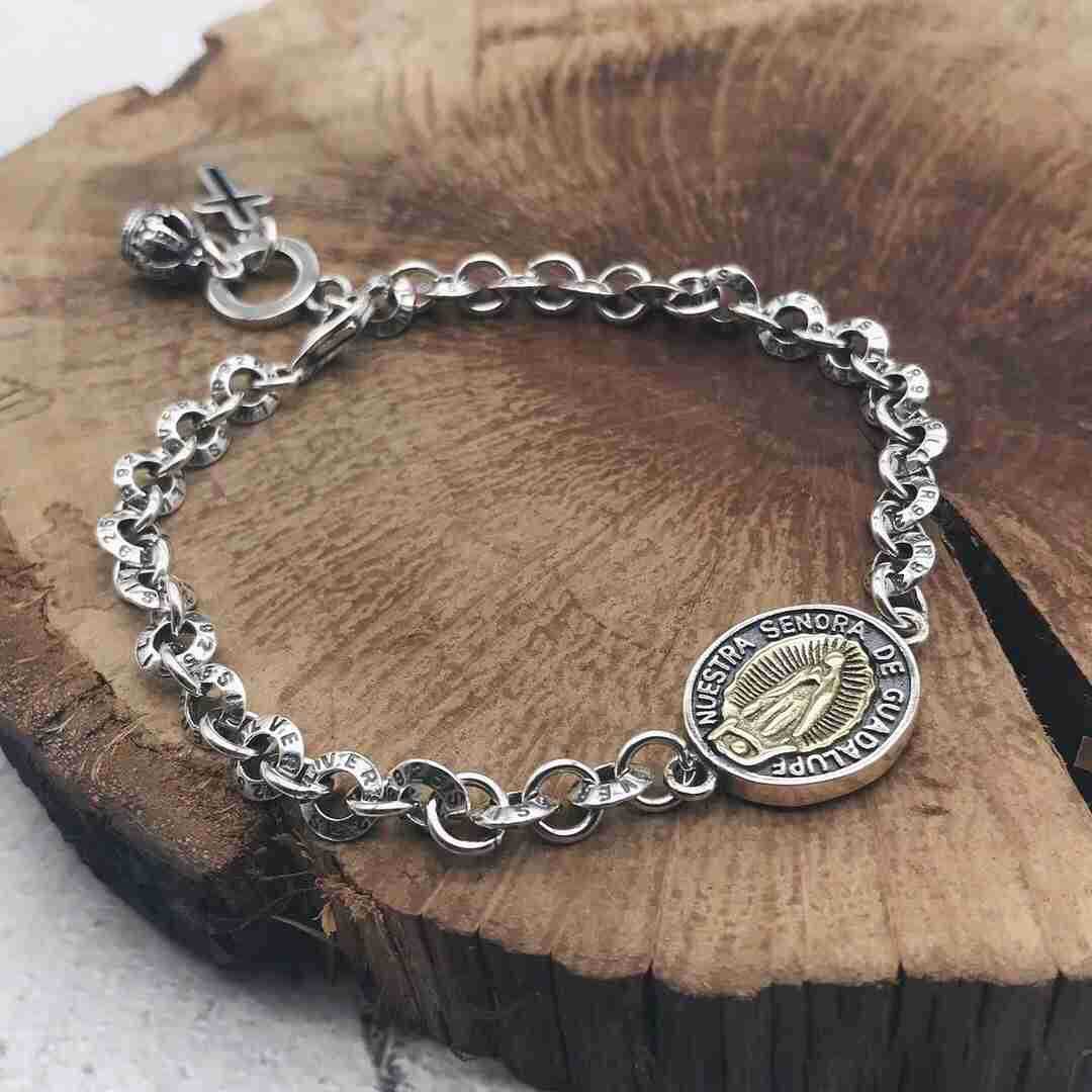 Men's Vantage Coin Cross Crown 925 Sterling Silver Curb Bracelet