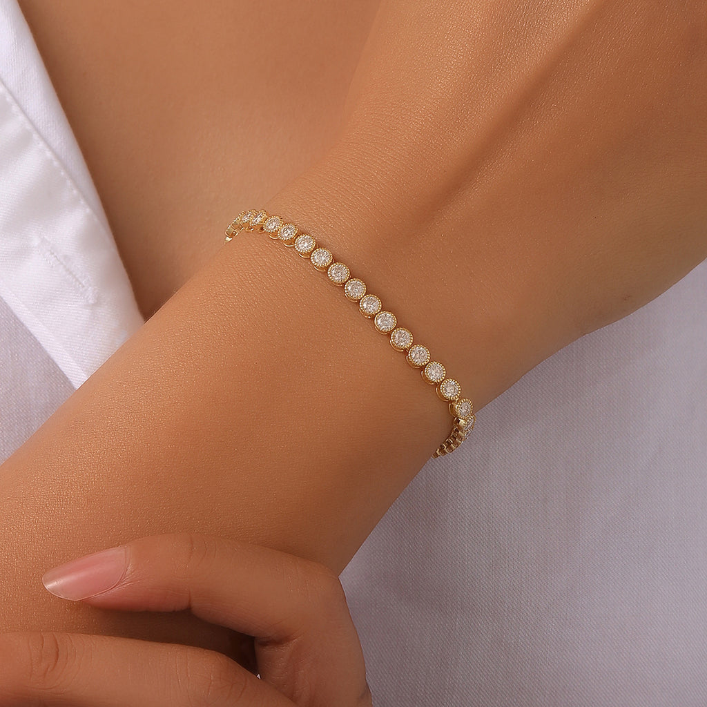 Round Halo Moissanite Tennis Chain Bracelet  925 Sterling Silver Geometric Circle Link Bracelet