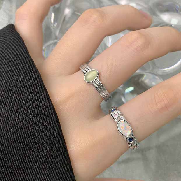 Elegant Oval Green Crystal 925 Sterling Silver Adjustable Ring