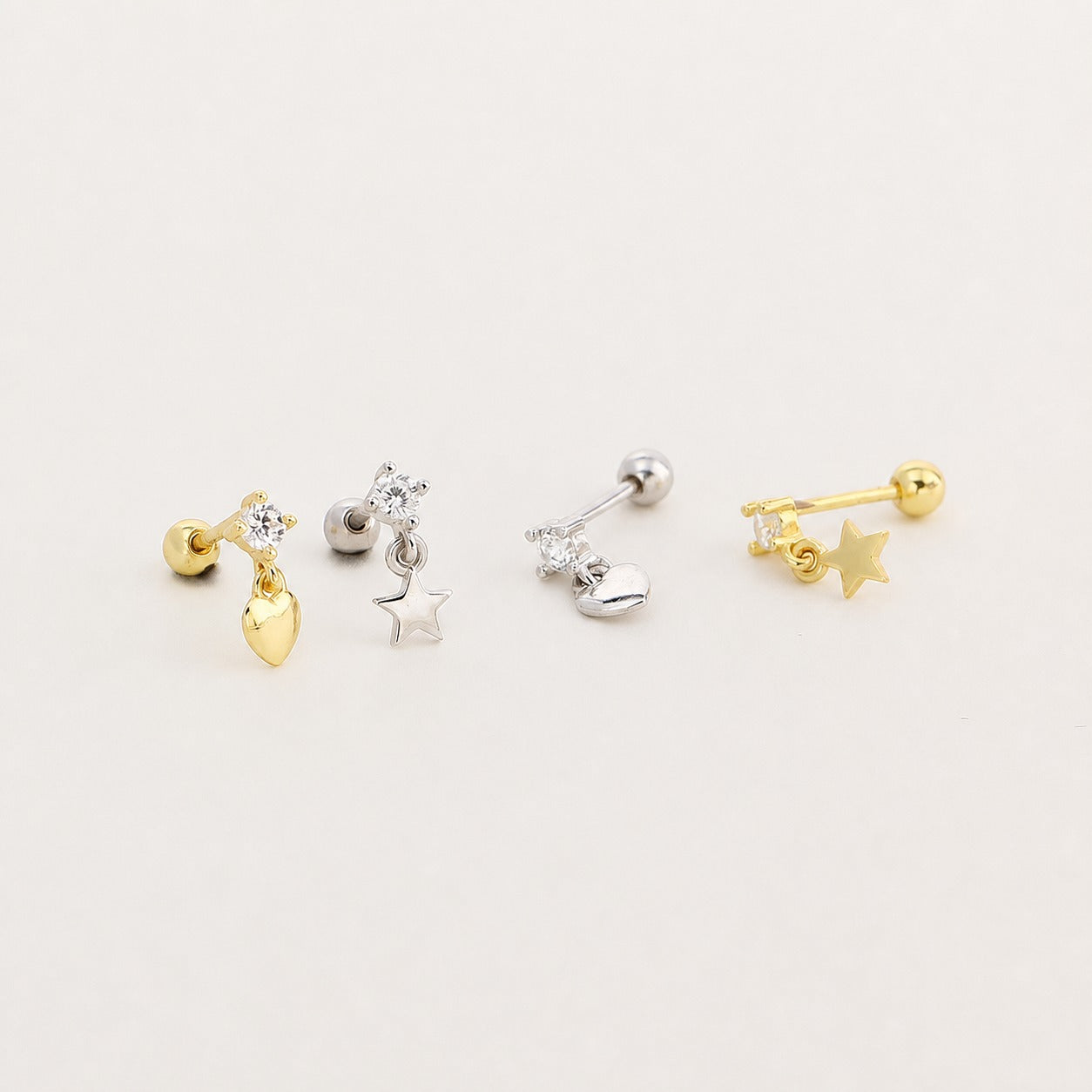 Mini Heart Star Shaped Cubic Zirconia Pendants in S925 Sterling Silver Earrings