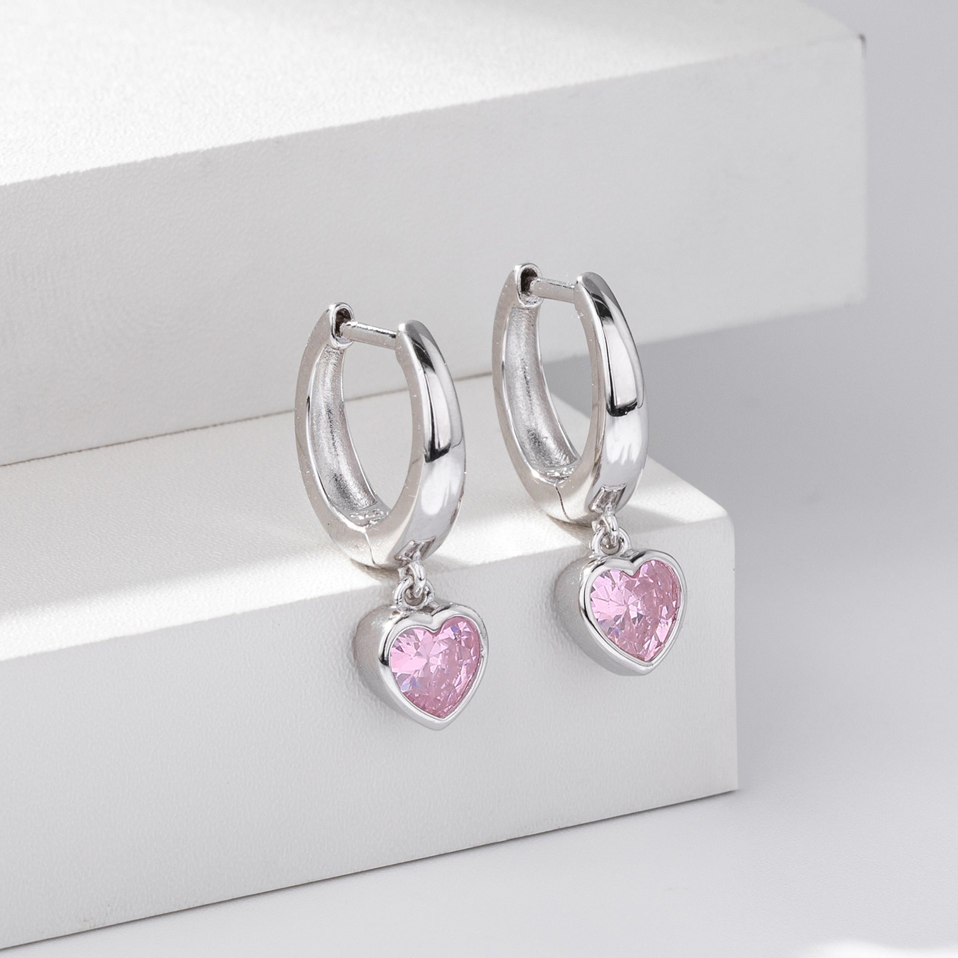 Minimalist 925 Sterling Silver with Gold Plating Heart Shape Pink Cubic Zirconia Dangle Hoop Earrings