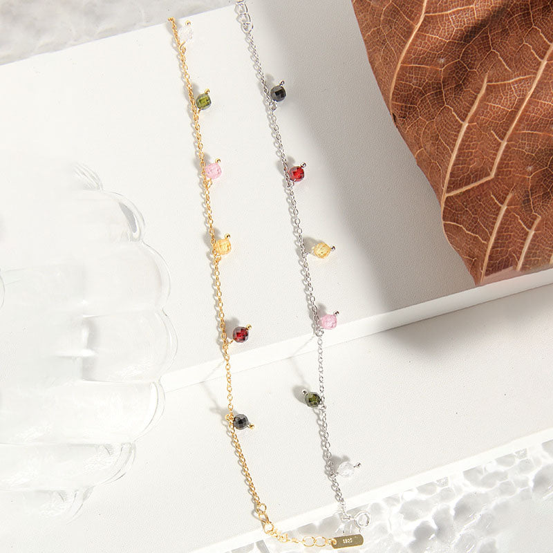 Colorful Beads Curb Chain 925 Sterling Silver Bracelet