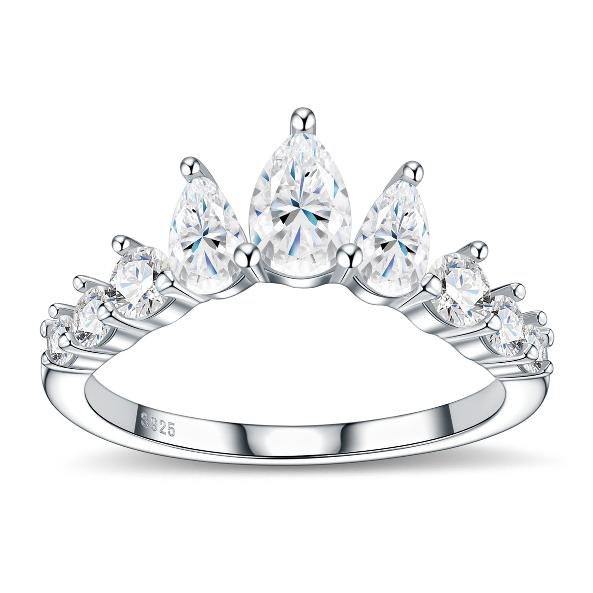 Minimalist Crown Wave Pear Moissanite 925 Sterling Silver Ring