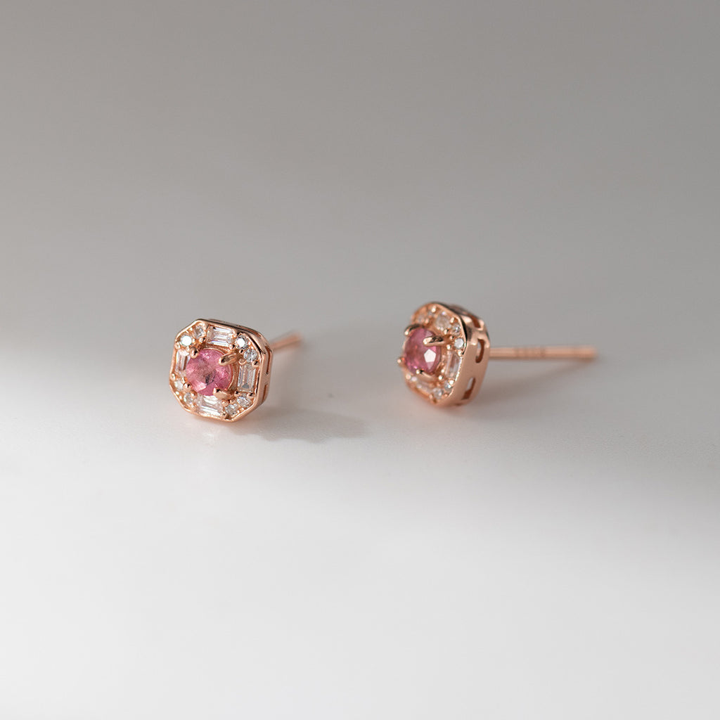 Delicate Square Halo Pink Center Stone Rose Gold Tone 925 Sterling Silver Mini Delicate Ear Stud Earrings