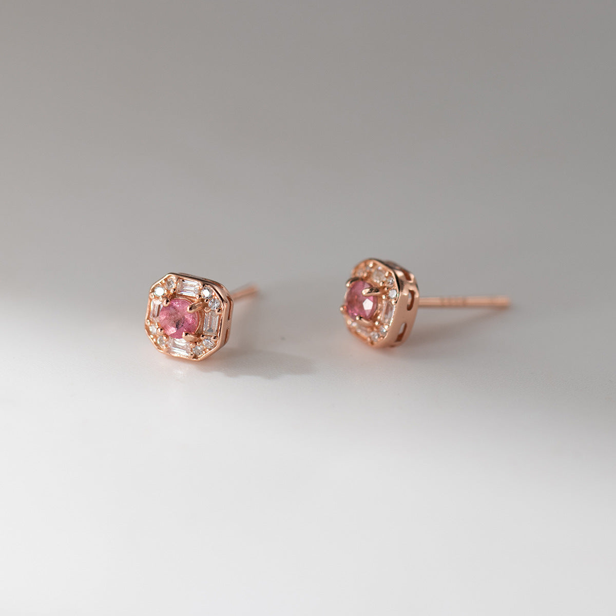 Delicate Square Halo Pink Center Stone Rose Gold Tone 925 Sterling Silver Mini Delicate Ear Stud Earrings