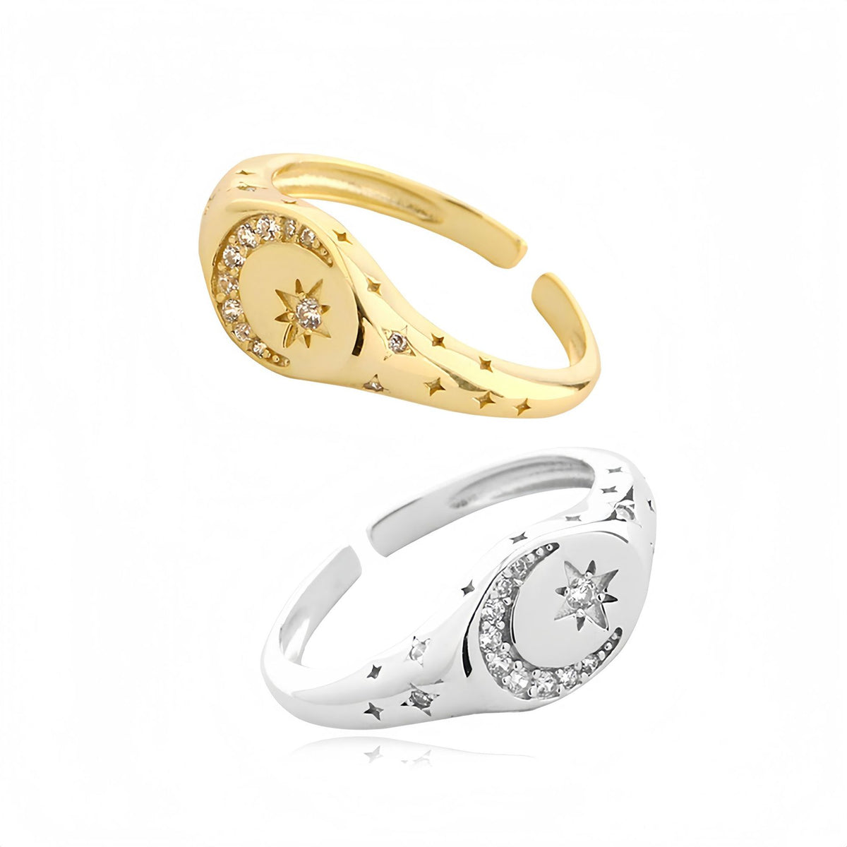 Cubic Zirconia Crescent Moon And Eight Point Star Adjustable Ring S925 Silver Celestial Open Band Ring Women Elegant Modern Fashion Gift Jewelry