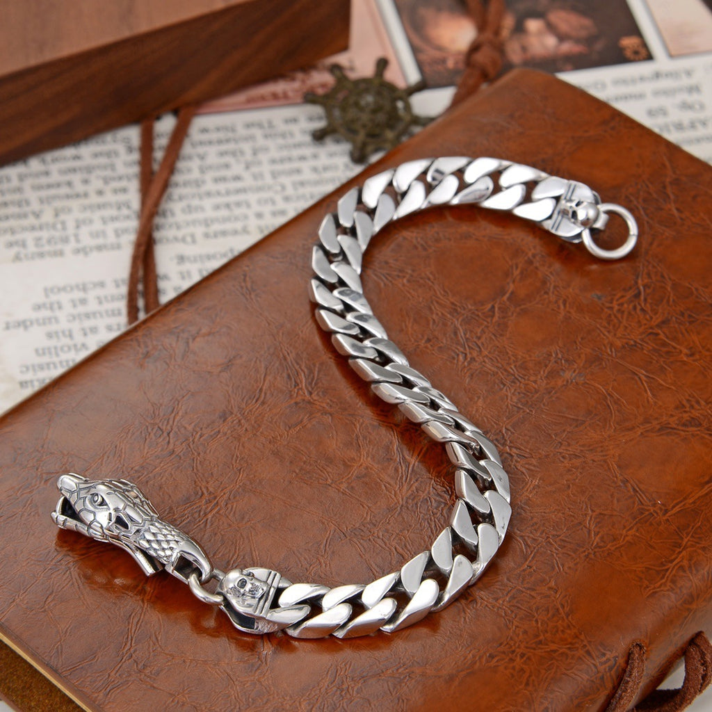 Men's Fashion Snake Head 925 Sterling Silver Curb Chain Bracelet