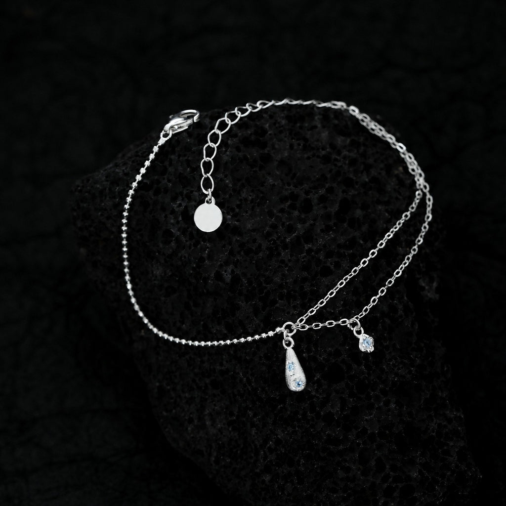 Cubic Zirconia Teardrop Pendant: 925 Sterling Silver Minimalist Layered Teardrop Pendant with Double Chain Bracelet