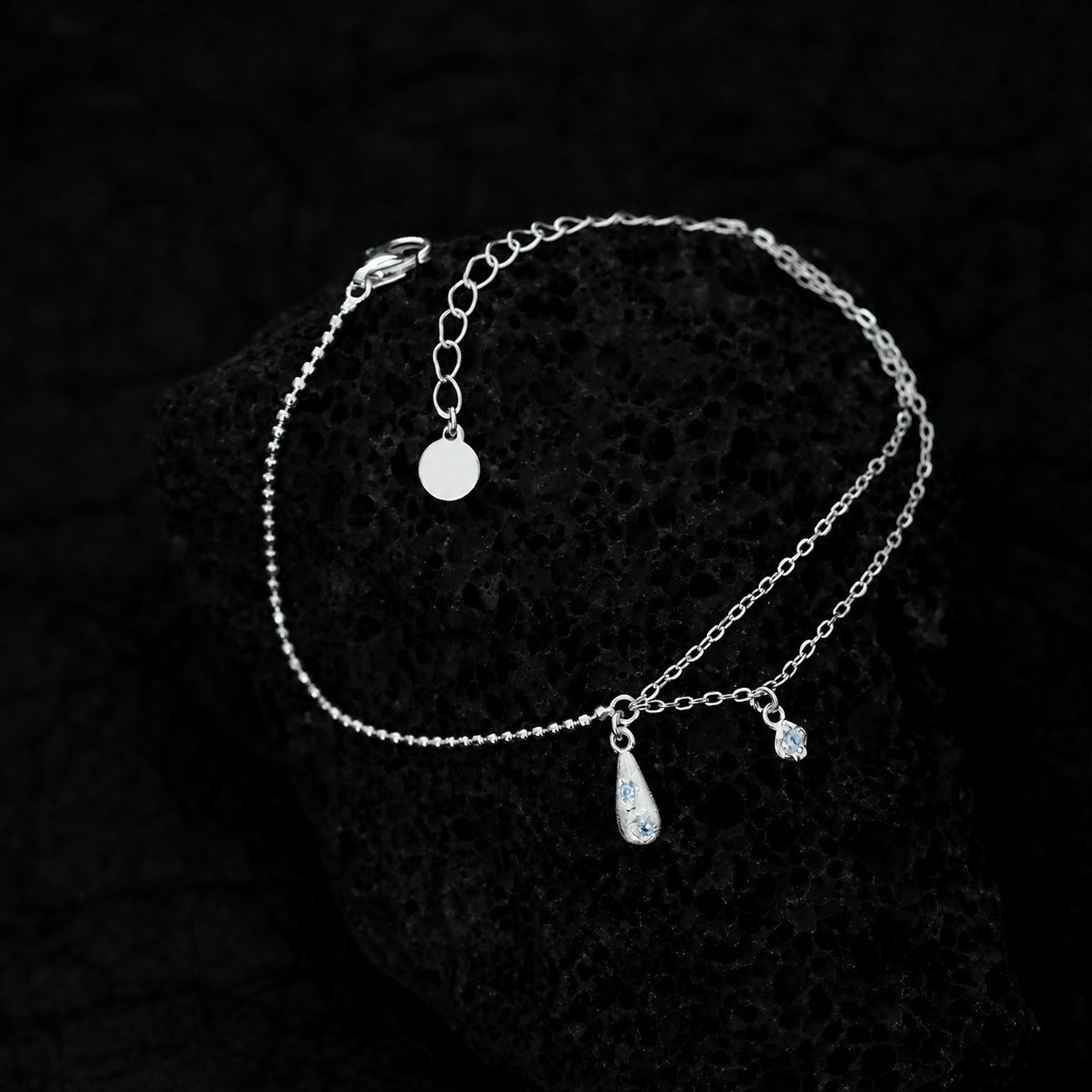 Cubic Zirconia Teardrop Pendant: 925 Sterling Silver Minimalist Layered Teardrop Pendant with Double Chain Bracelet