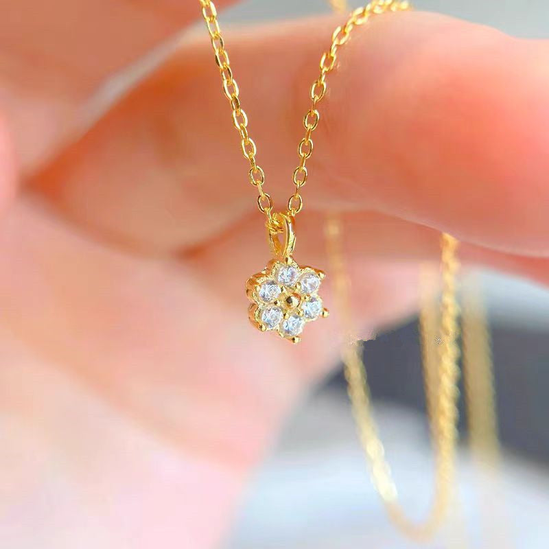 Women Cute Mini CZ Flower 925 Sterling Silver Necklace