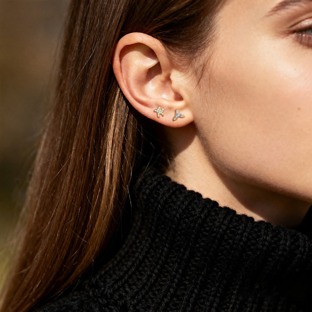 Ocean-themed cubic zirconia. Mermaid tail shell starfish. 18K gold coating. S925 silver Earring