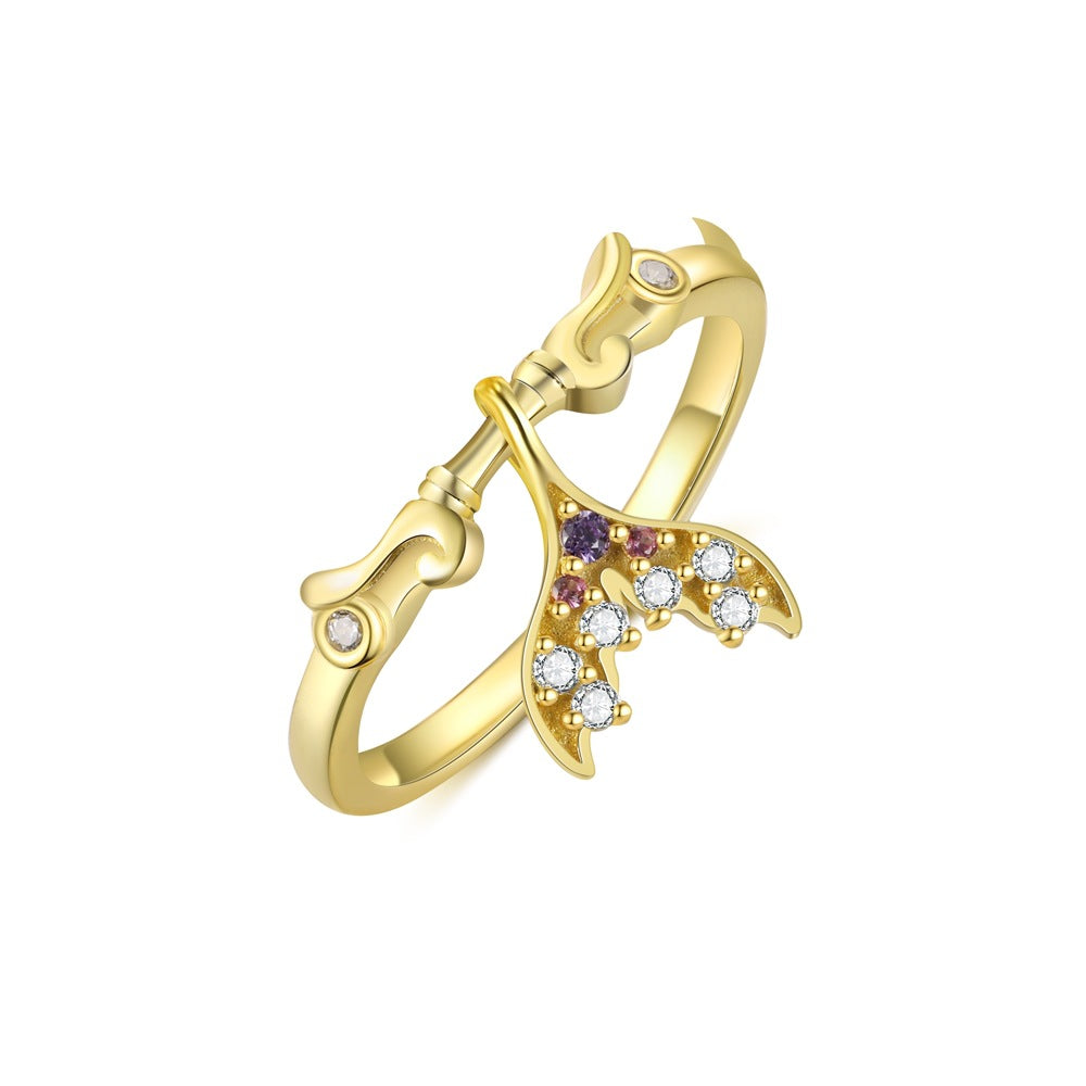 Holiday Gold Ocean CZ Mermaid Tail Fish Shell 925 Sterling Silver Adjustable Ring