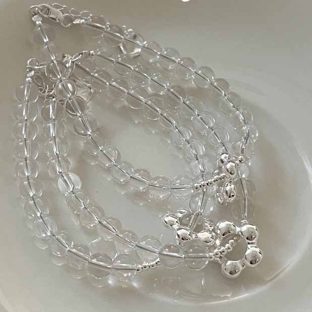 Elegant Natural Transparent White Crystal Flower 925 Sterling Silver Bracelet