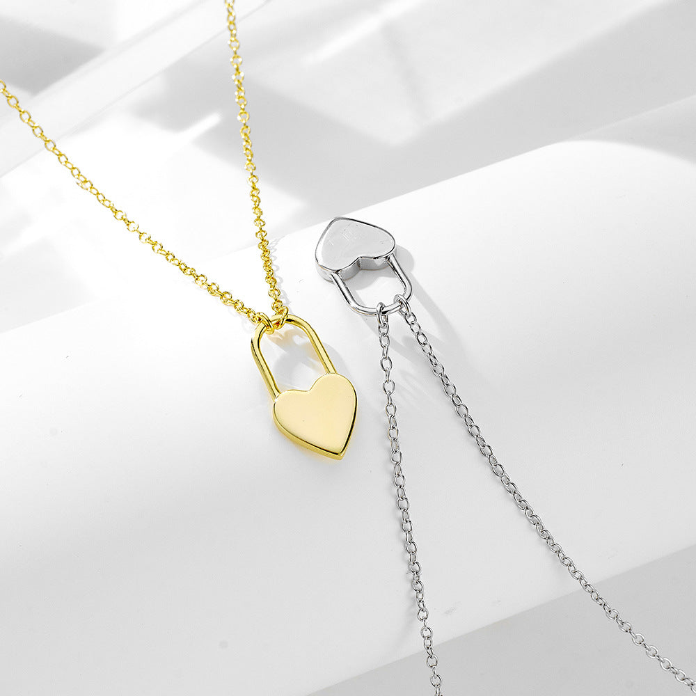 Fashion Elegant Jewelry Silver 925 Sterling Silver Adjustable Chain Heart Lock Design Minimalist Geometric Pendant Necklace