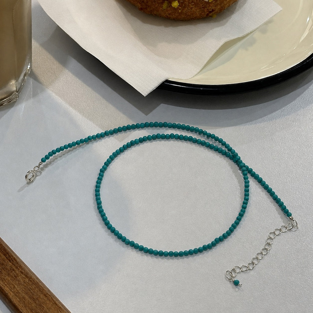 Natural Stone Blue Green Round Beads Set in 925 Sterling Silver Necklace