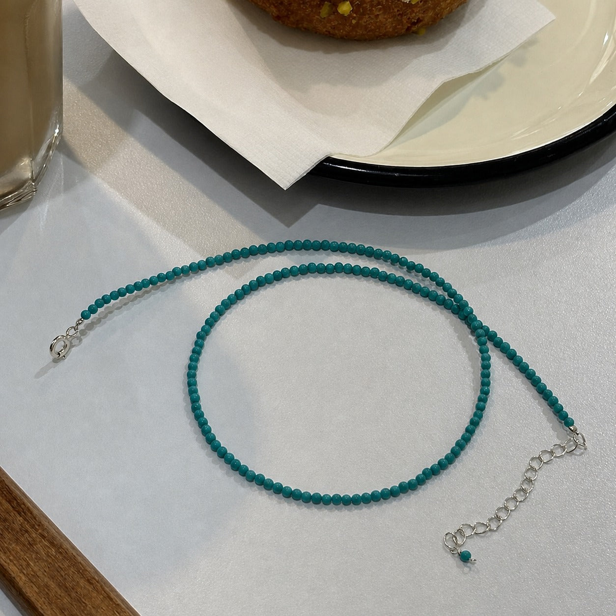 Natural Stone Blue Green Round Beads Set in 925 Sterling Silver Necklace