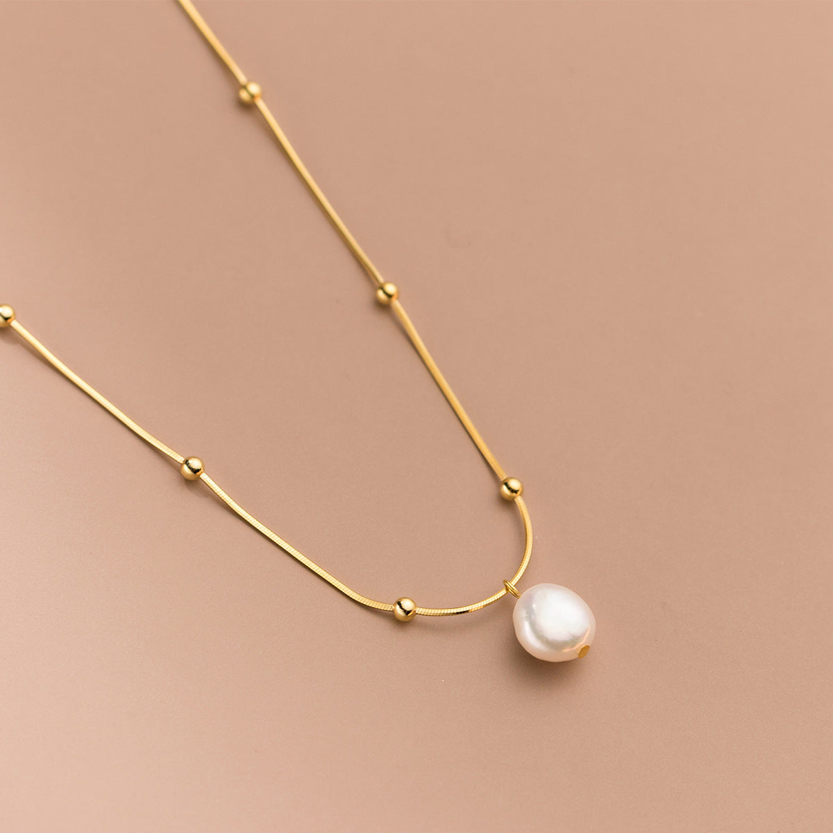 Baroque Pearl Minimalist Beaded  S925 Sterling Silver Snake Chain Pearl Pendant Necklace