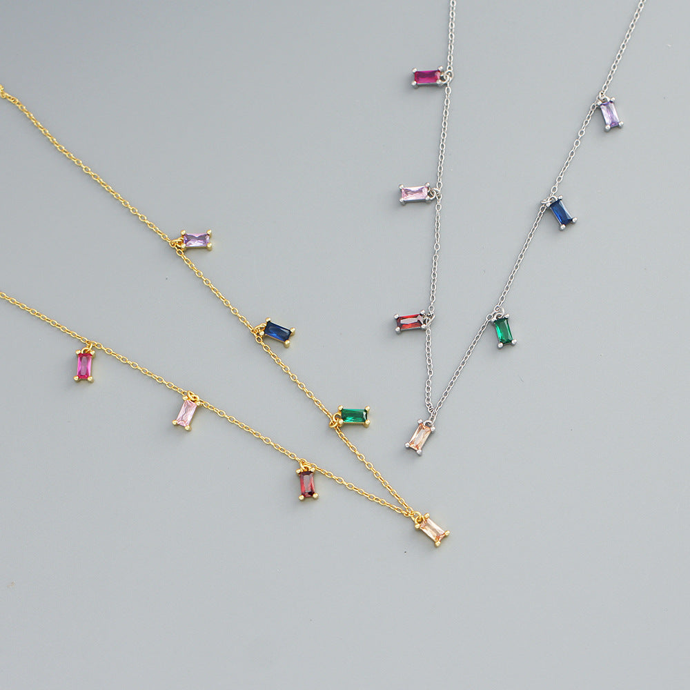 Modern Cubic Zirconia Multicolor Rectangular Baguette Station Chain 925 Sterling Silver Clavicle Necklace