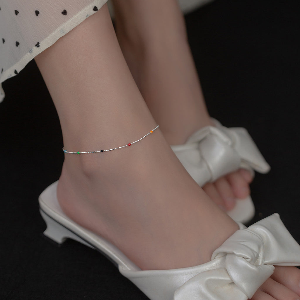 Mini Delicate Multicolor Round Bead Geometric Silver Anklet Pure Metal S925 Sterling Silver Adjustable Chain Anklet