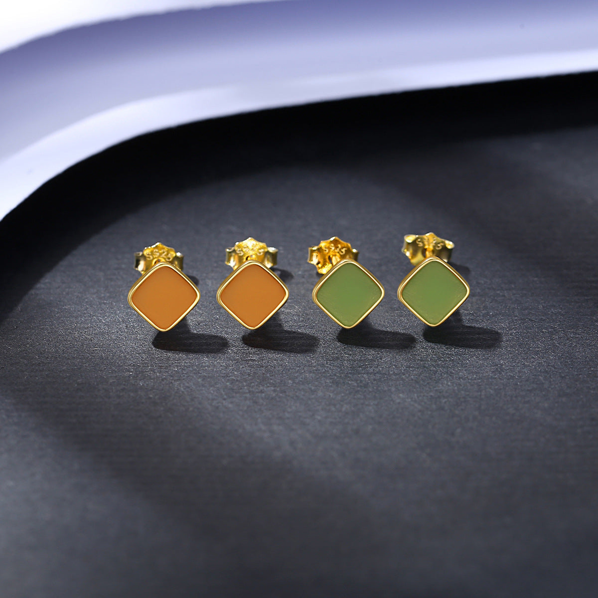 Office Green Epoxy Orange Rhombus Geometry 925 Sterling Silver Stud Earrings