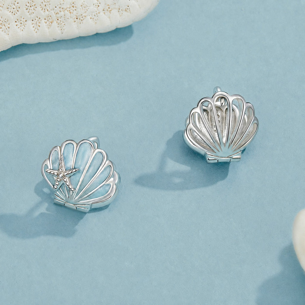 Ocean Style Powder Blue Epoxy Resin Colored Shell Star  Cube Zirconium 925 Sterling Silver Clip on Earrings