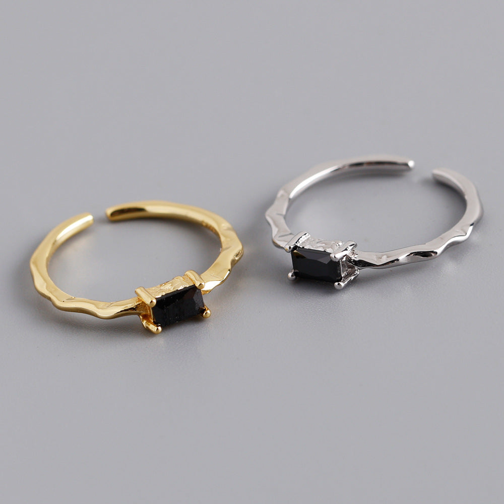 Black Rectangular Textured Irregular Adjustable 925 Sterling Silver Ring