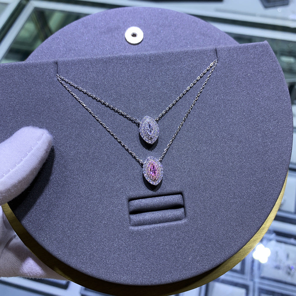 Eye Shape Pink Cubic Zirconia Halo Necklace In 925 Sterling Silver Marquise Center Stone Layered Pavé Pendant Necklace