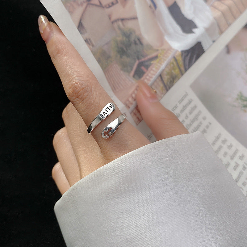 Vintage Faith Letter Cross S925 Sterling Silver Antique Oxide Geometric  Open Adjustable Ring