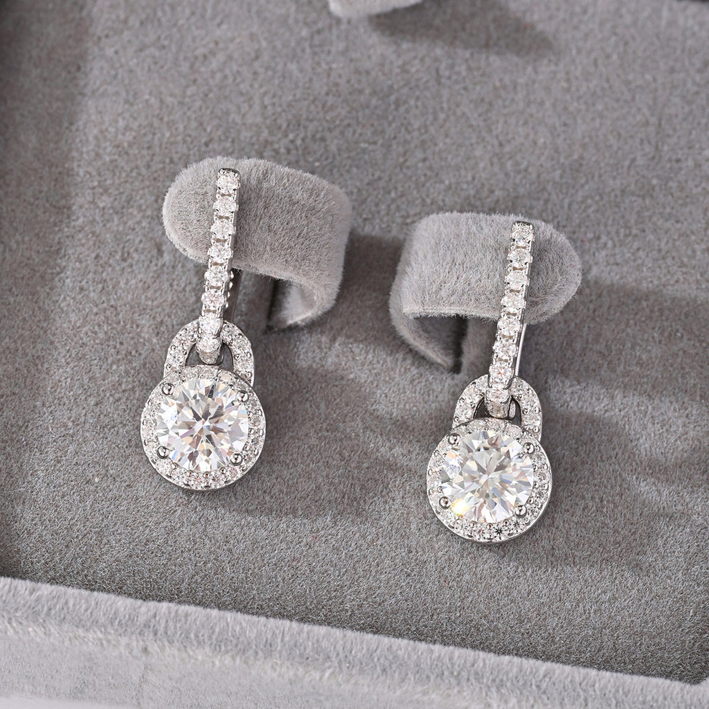 Moissanite Geometric Round Halo Drop Earrings  925 Sterling Silver Earring