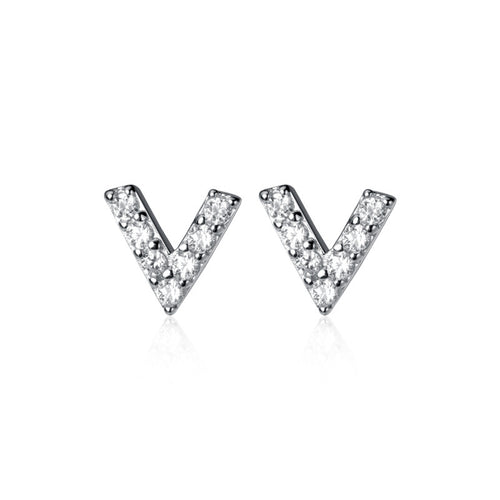 925 Sterling Silver Simple Geometric Mini Letter V Cubic Zirconia Stud Earrings