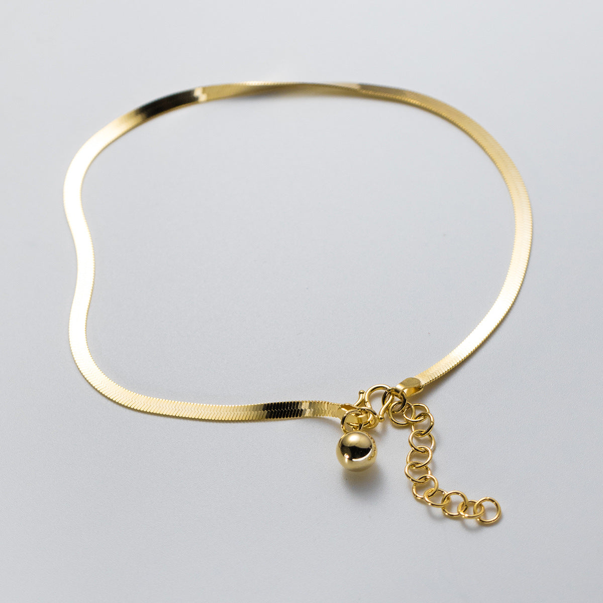 Minimalist Flat Snake Chain Round Bead Dangle S925 Sterling Silver Anklet