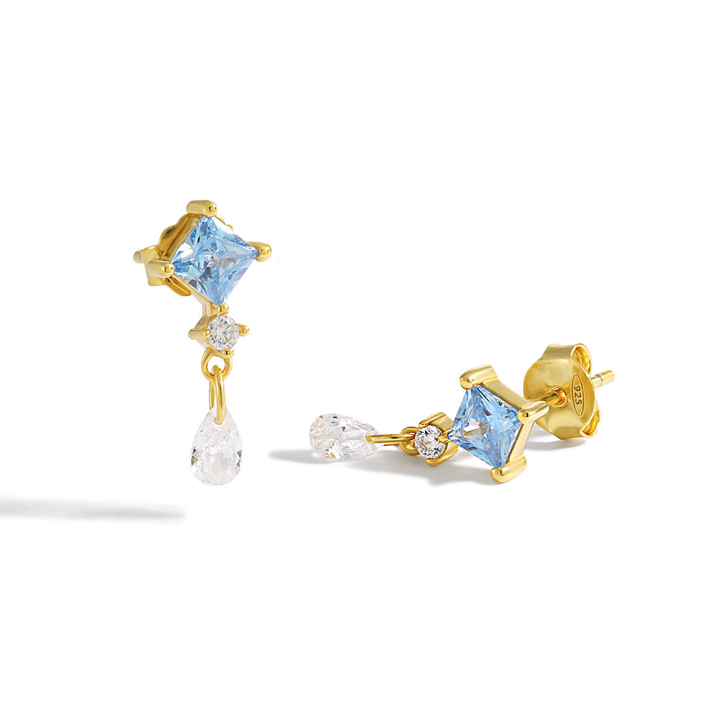 Geometry Blue Rhombus CZ 925 Sterling Silver Waterdop Dangling Earrings