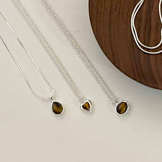 Modern Natural Amber Waterdrop Heart Oval 925 Sterling Silver Necklace