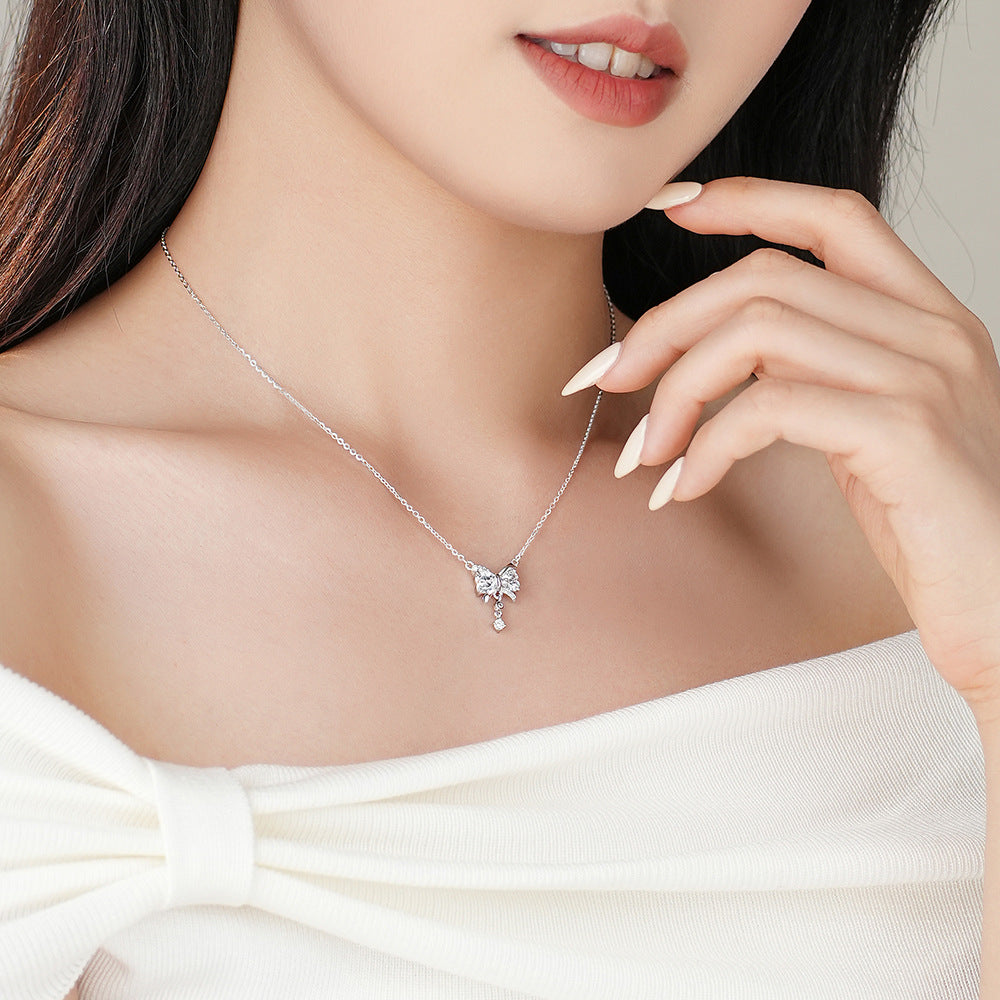 Girl Sweet Shining CZ Bow-Knot 925 Sterling Silver Necklace