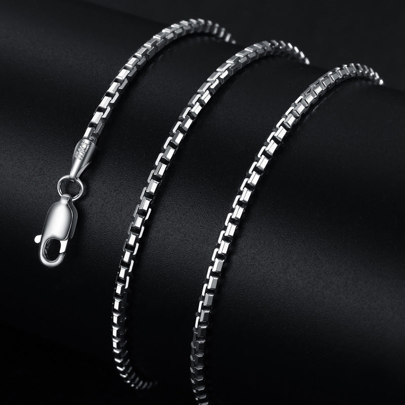 Pure Metal Geometric Box Chain Necklace Silver Color Solid 925 Sterling Silver Polished No Pendant Minimalist Unisex Short Chain Necklace 2mm Fashion Jewelry Gift