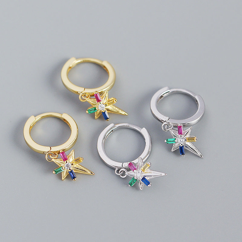 Colorful CZ Octagonal Star Simple 925 Sterling Silver Hoop Earrings