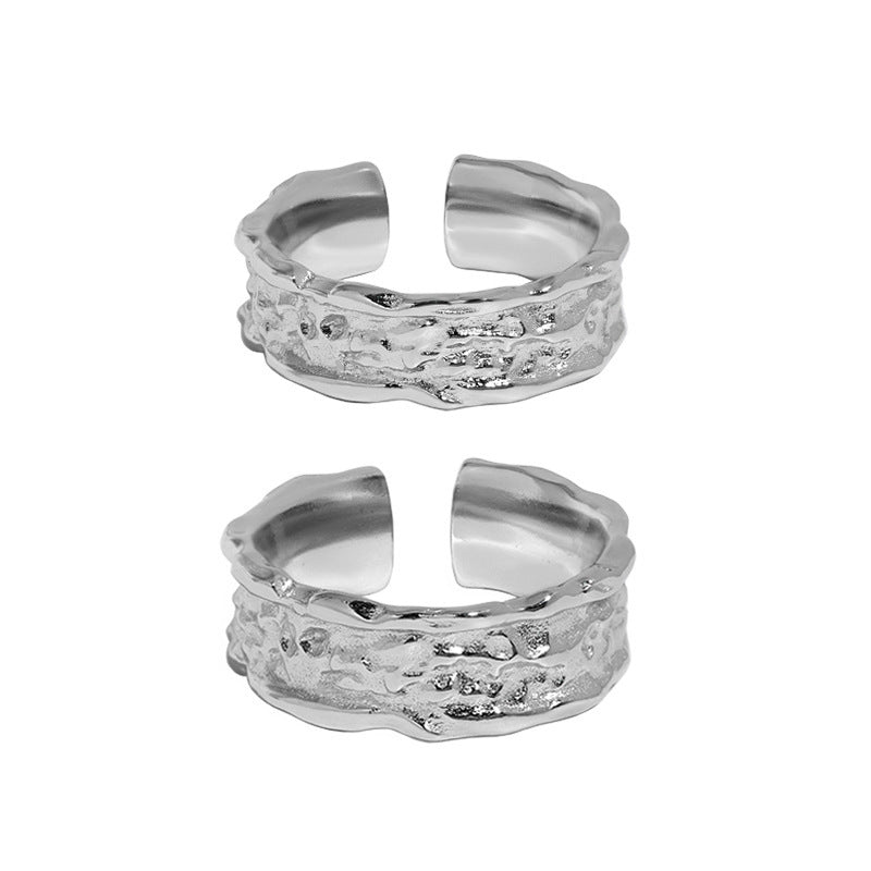 Pure Metal Irregular Hammered Textured Silver Color S925 Sterling Silver Open Adjustable Wide Band Ring