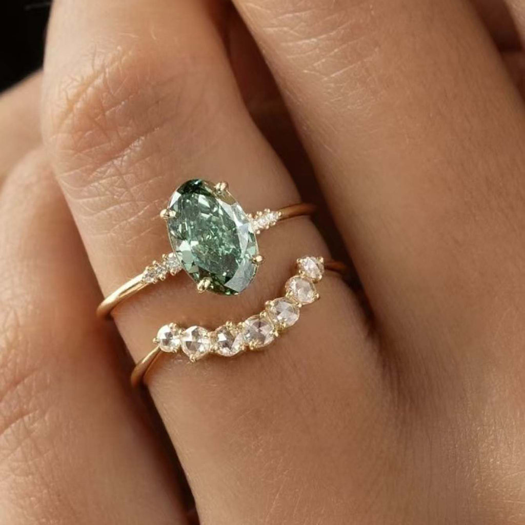 Green Moissanite Centre Stone Stacked Design 925 Sterling Silver Ring