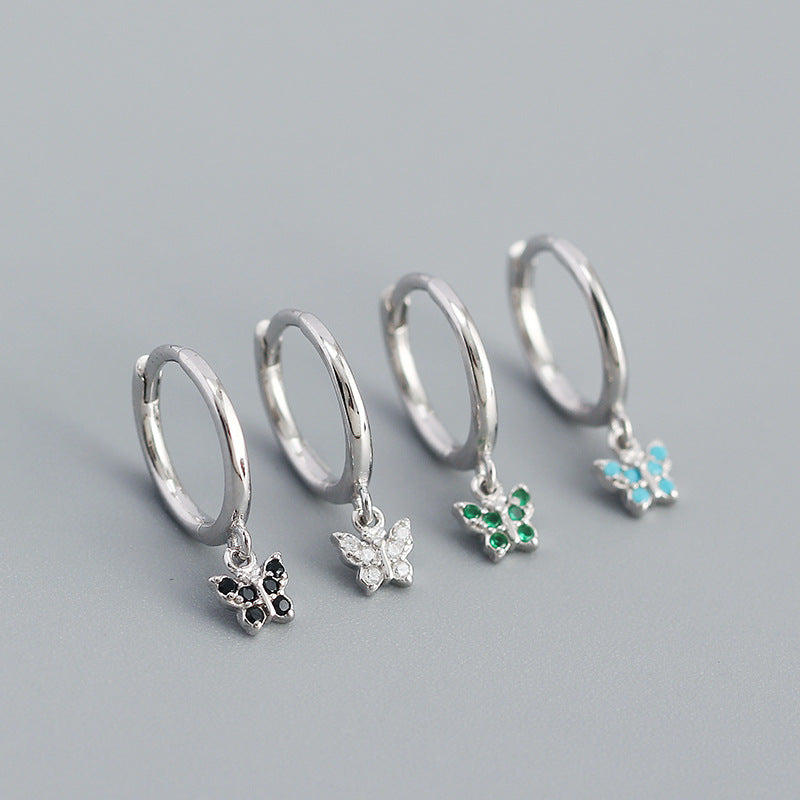 Sweet Mini CZ Flying Butterfly 925 Sterling Silver Hoop Earrings